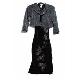 123 Kid Girls Black Gray Cotton 2pc Sweater Dress Flower Embellished Jacquard 12